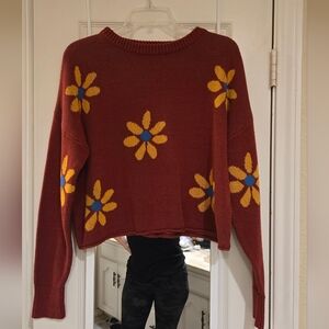 Floral Cropped Knit Sweater - Red